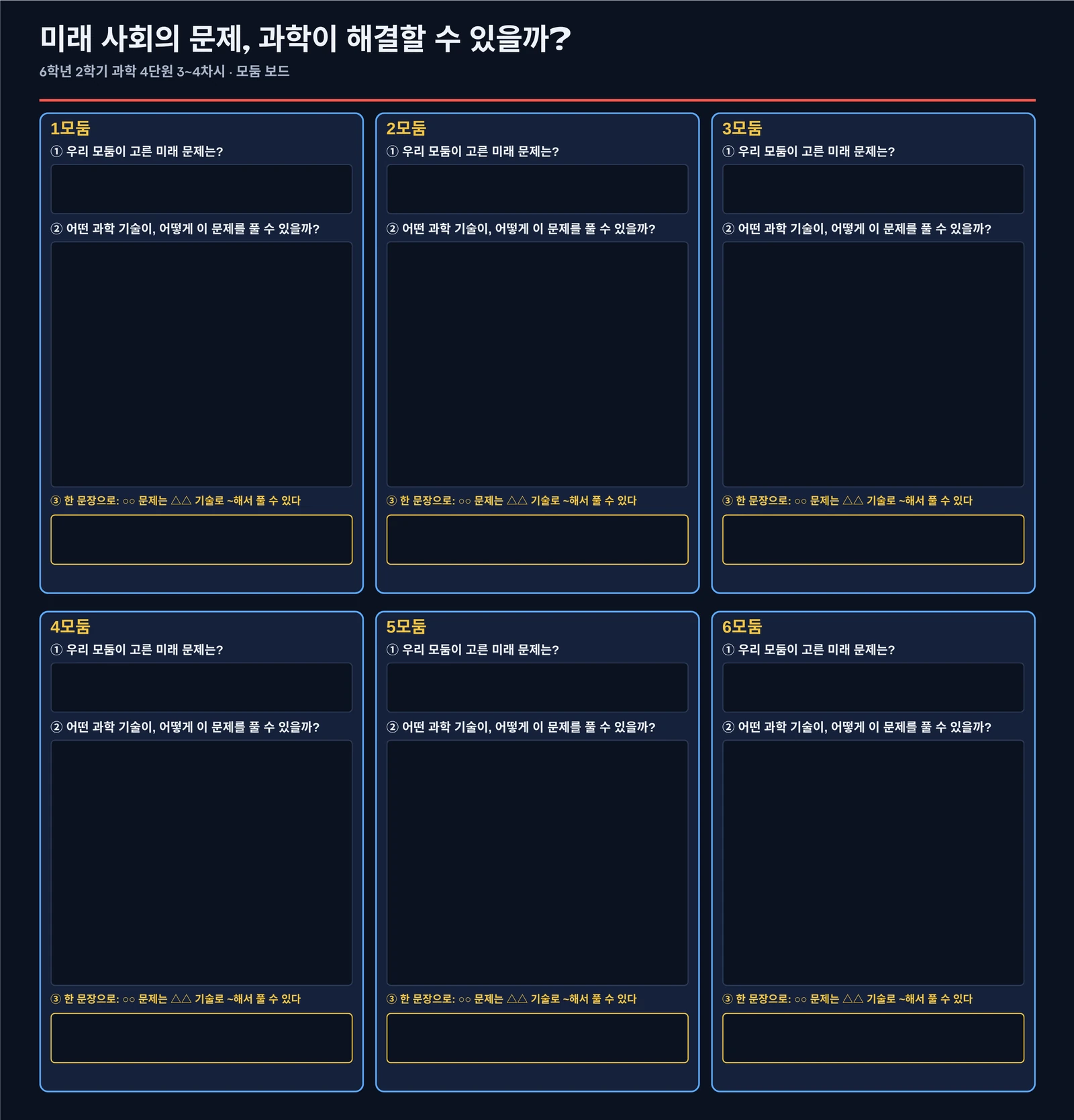 캔바 학습 세션 모둠 보드 — 1모둠부터 6모둠까지 판 여섯 개