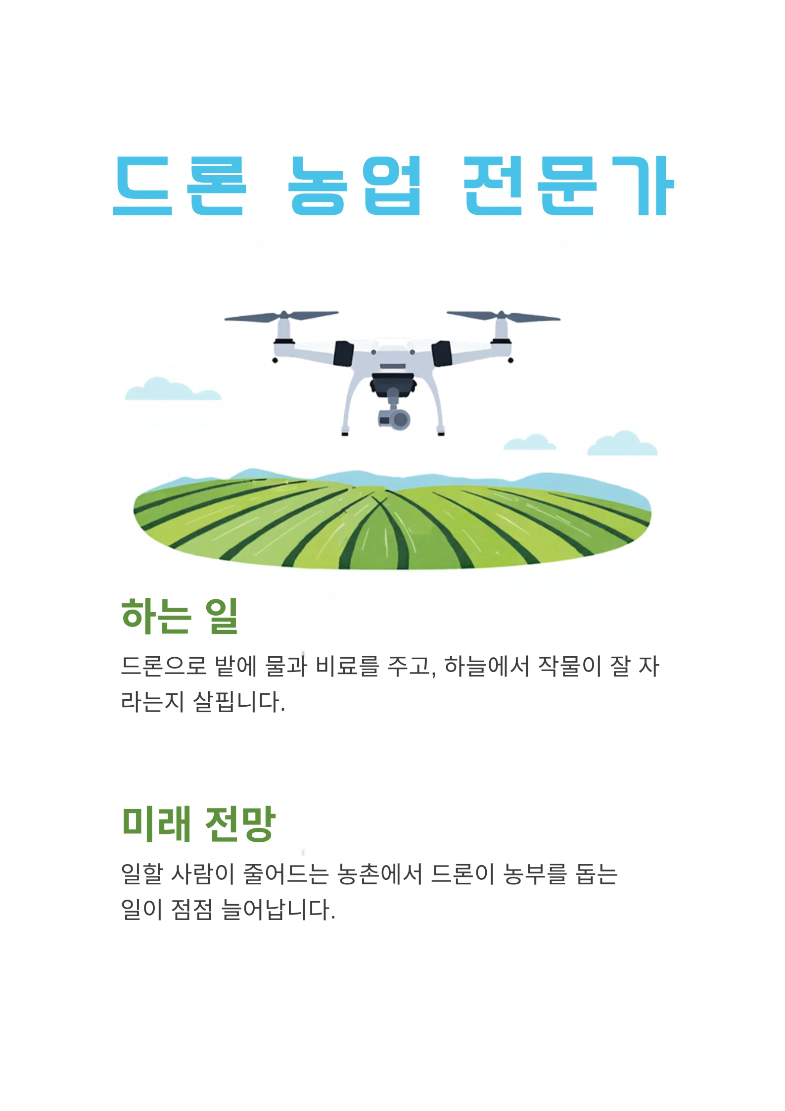 예시 포스터 한 장 — 위에서부터 큰 제목, 밭 위를 나는 드론 그림, 「하는 일」 두 줄, 「미래 전망」 두 줄