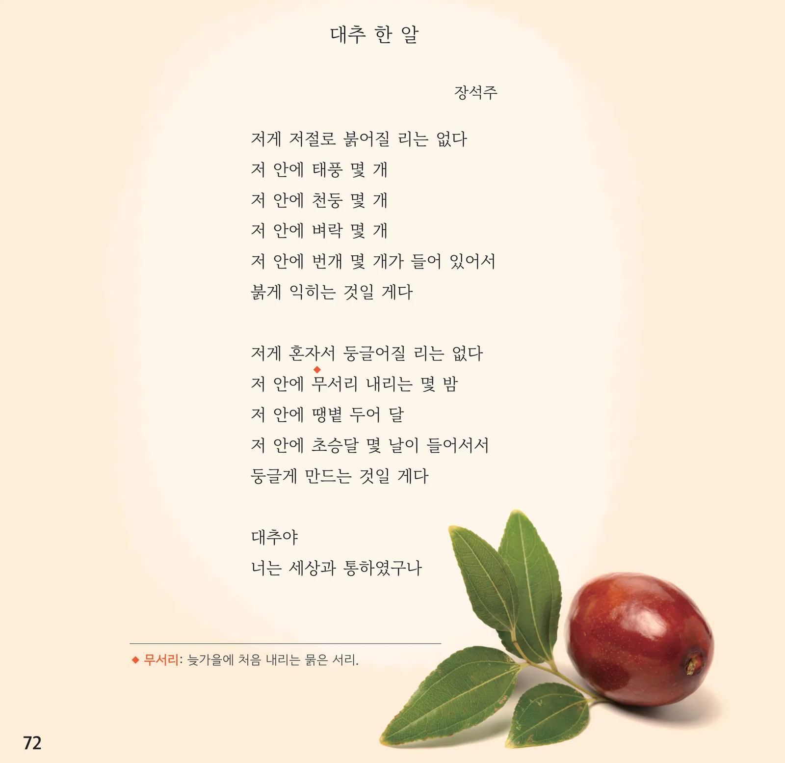 72쪽 「대추 한 알」 지면 전체 — 시 본문과 무서리 각주, 대추 사진
