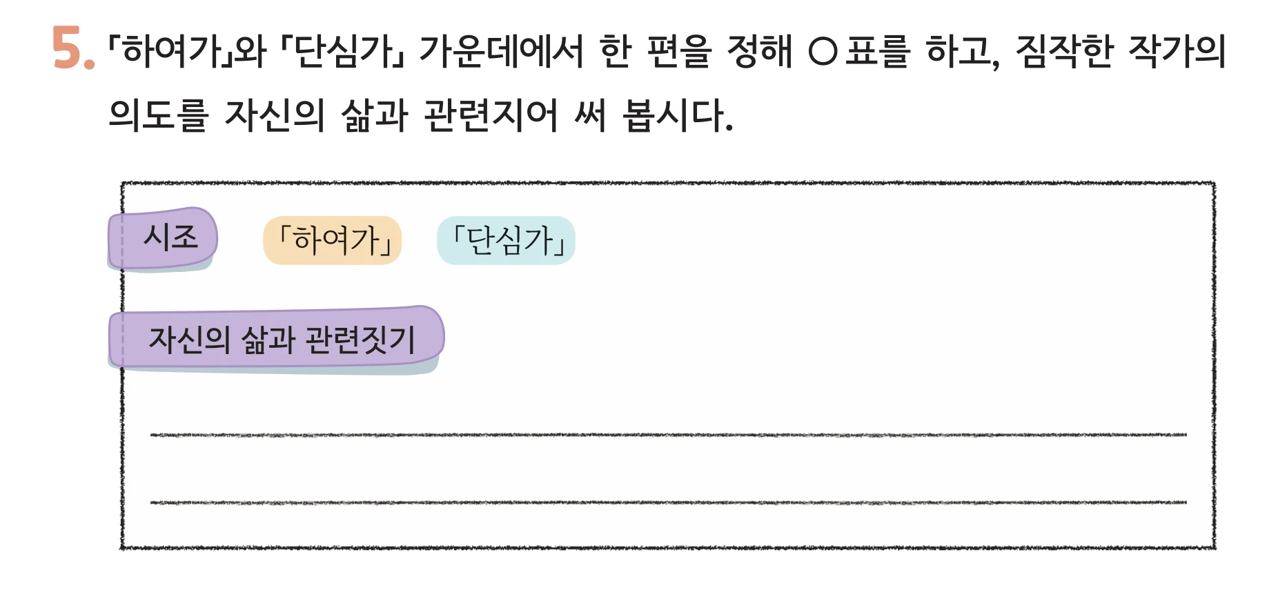 41쪽 5번 「하여가」와 「단심가」 가운데에서 한 편을 정해 ○ 표를 하고, 짐작한 작가의 의도를 자신의 삶과 관련지어 써 봅시다, 표