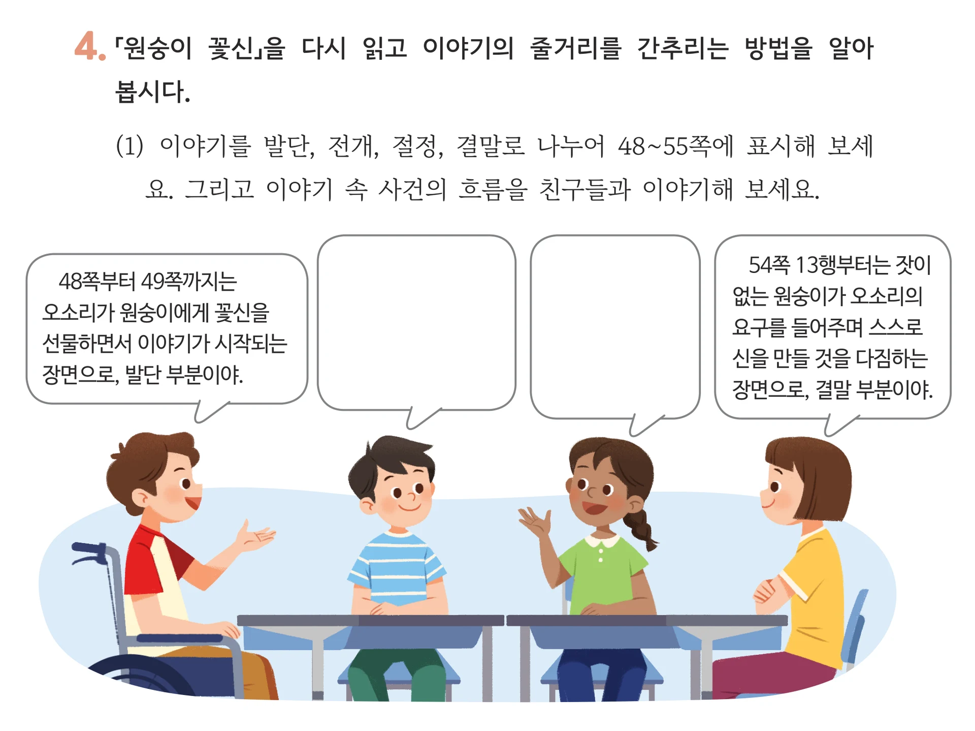 58쪽 4번 (1) 발문과 말풍선 네 개