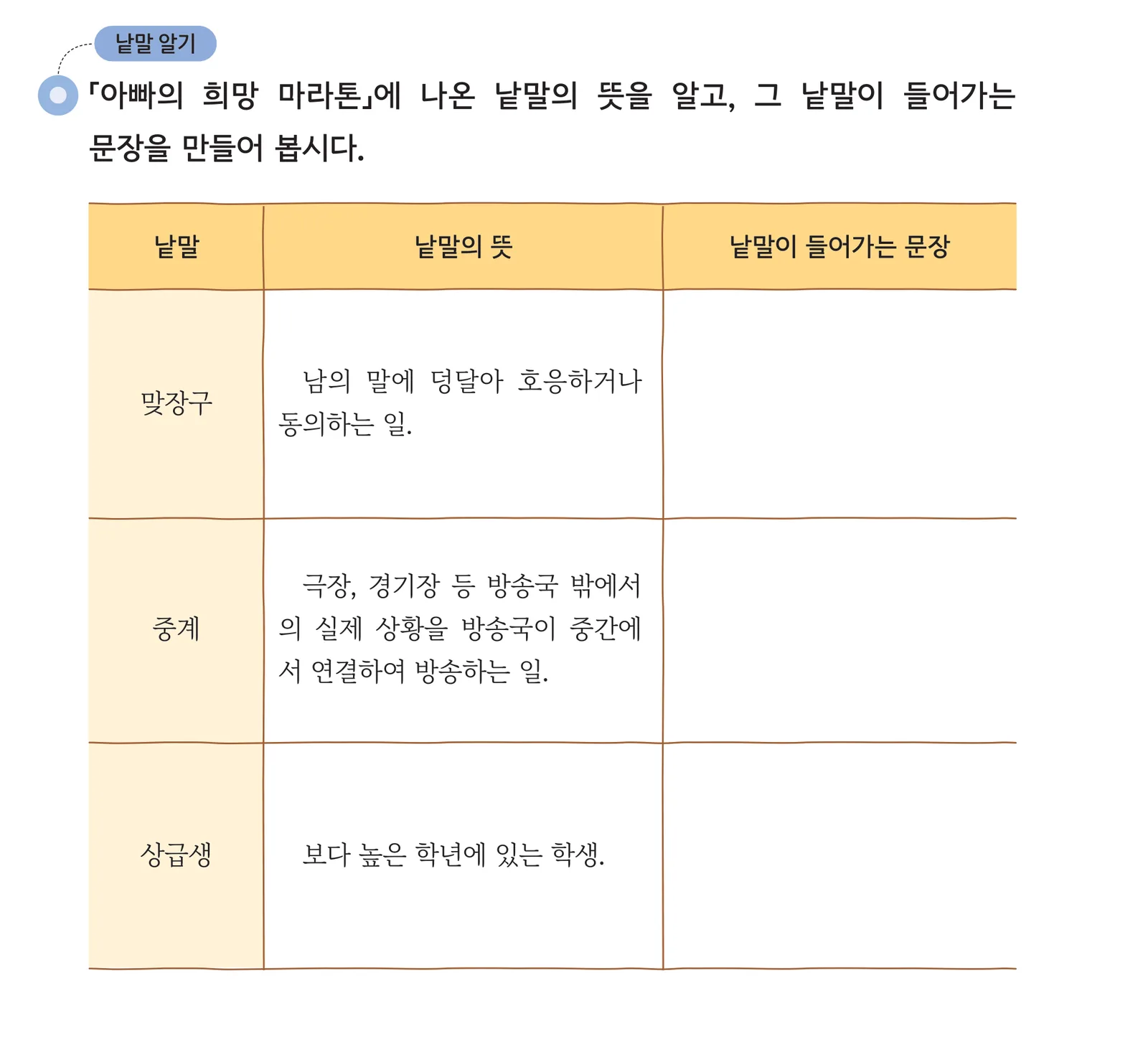 교과서 65쪽 낱말 알기 표