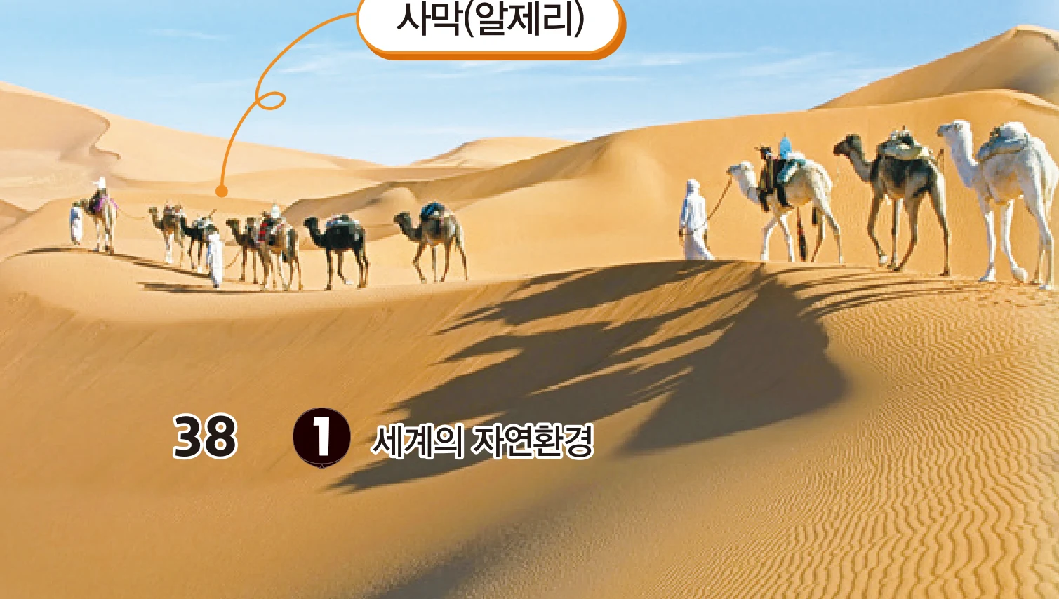 교과서 38쪽 아래 — 모래 언덕을 낙타와 함께 걷는 사람들