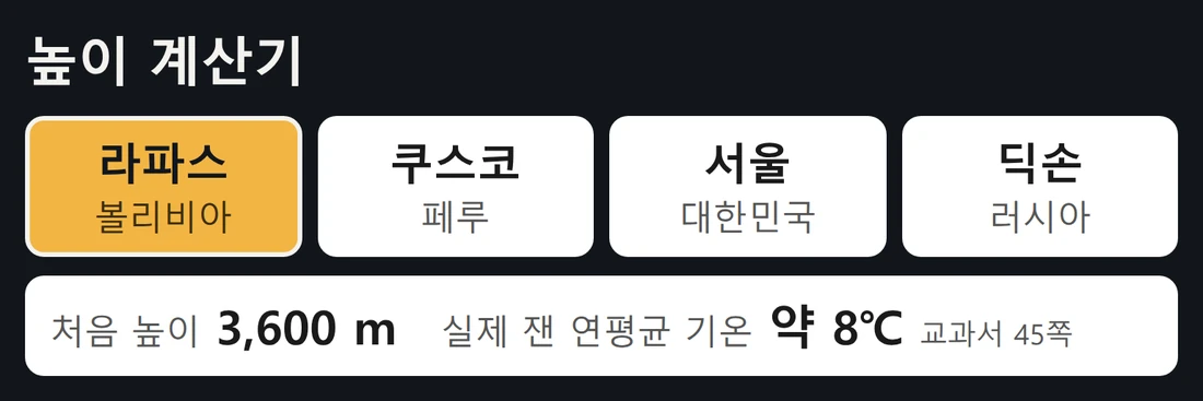 높이 계산기 첫 화면 — 도시 넷을 고르는 줄
