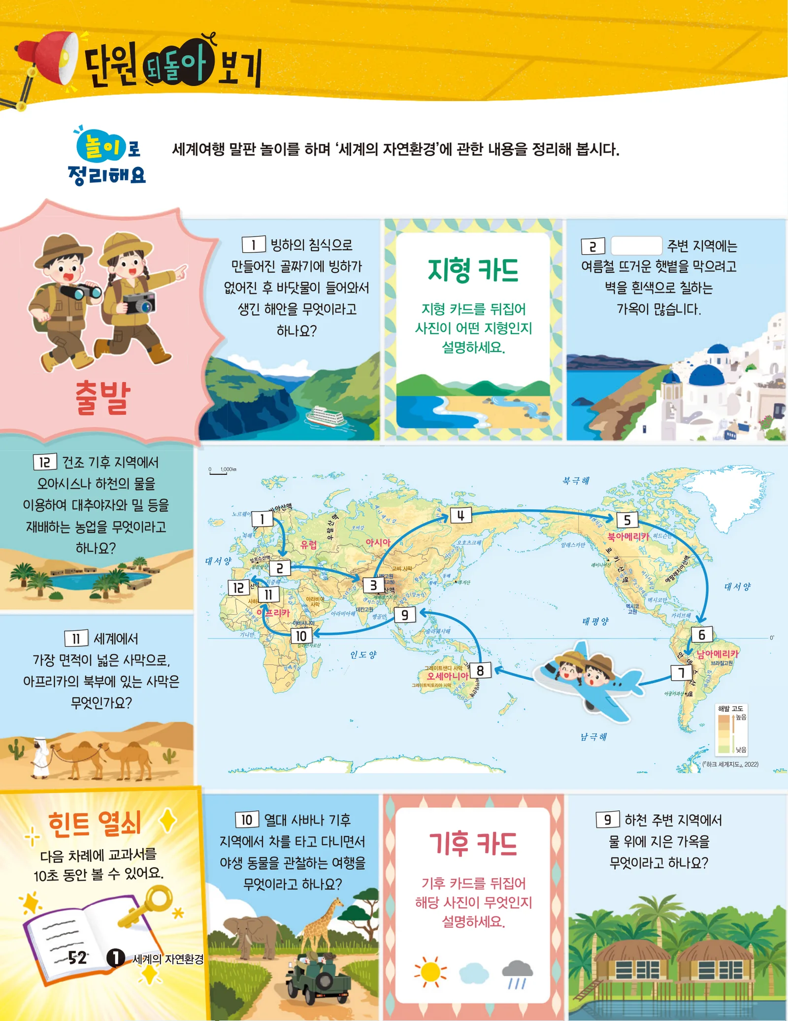 세계여행 말판 왼쪽 면. 출발 칸과 문제 칸 여섯, 지형 카드·기후 카드 칸, 세계지도가 있다