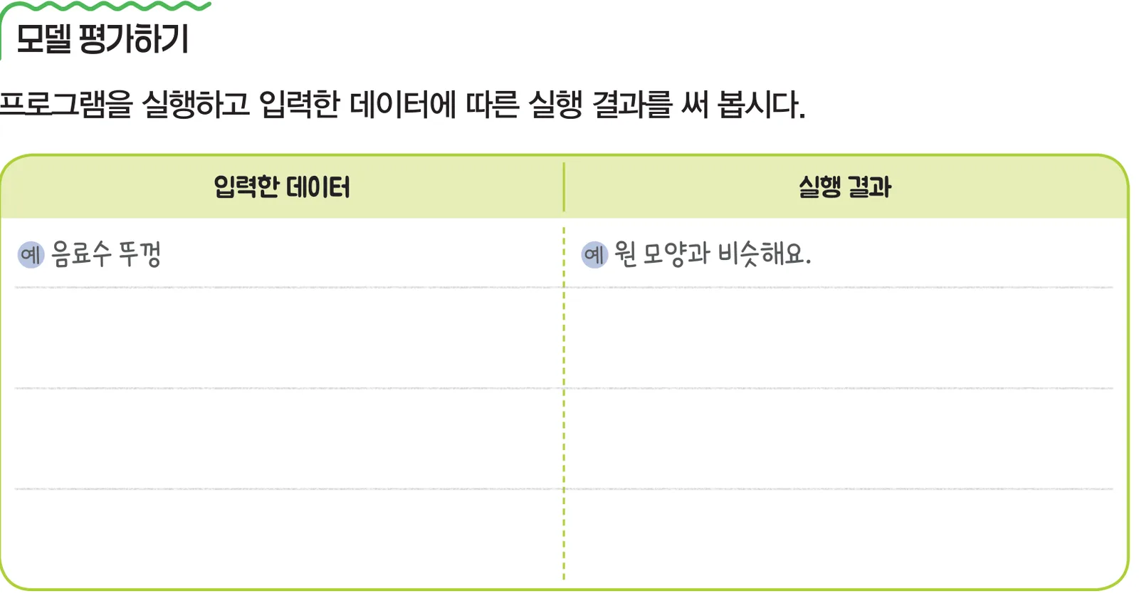 교과서 76쪽 모델 평가하기 표 — 입력한 데이터와 실행 결과를 적는 칸